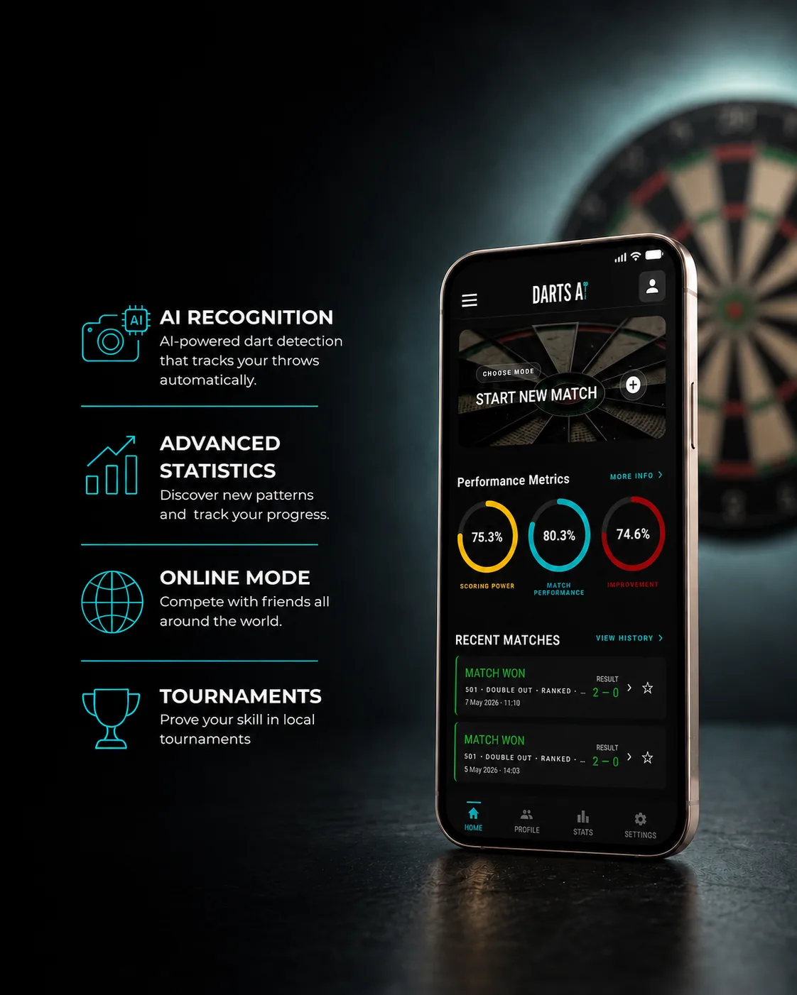 DartsAI dart app preview with AI scoring, statistics and online mode
